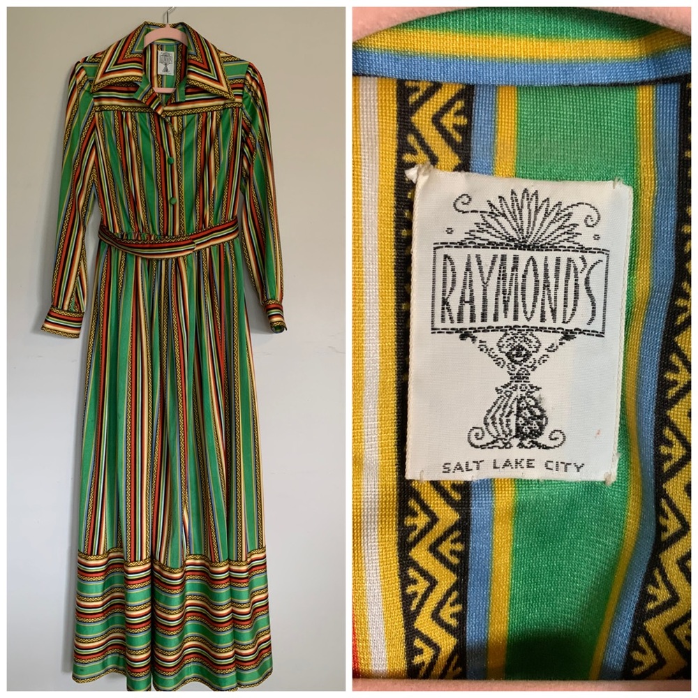 Vintage Raymonds Green Yellow Orange Striped Maxi Dress